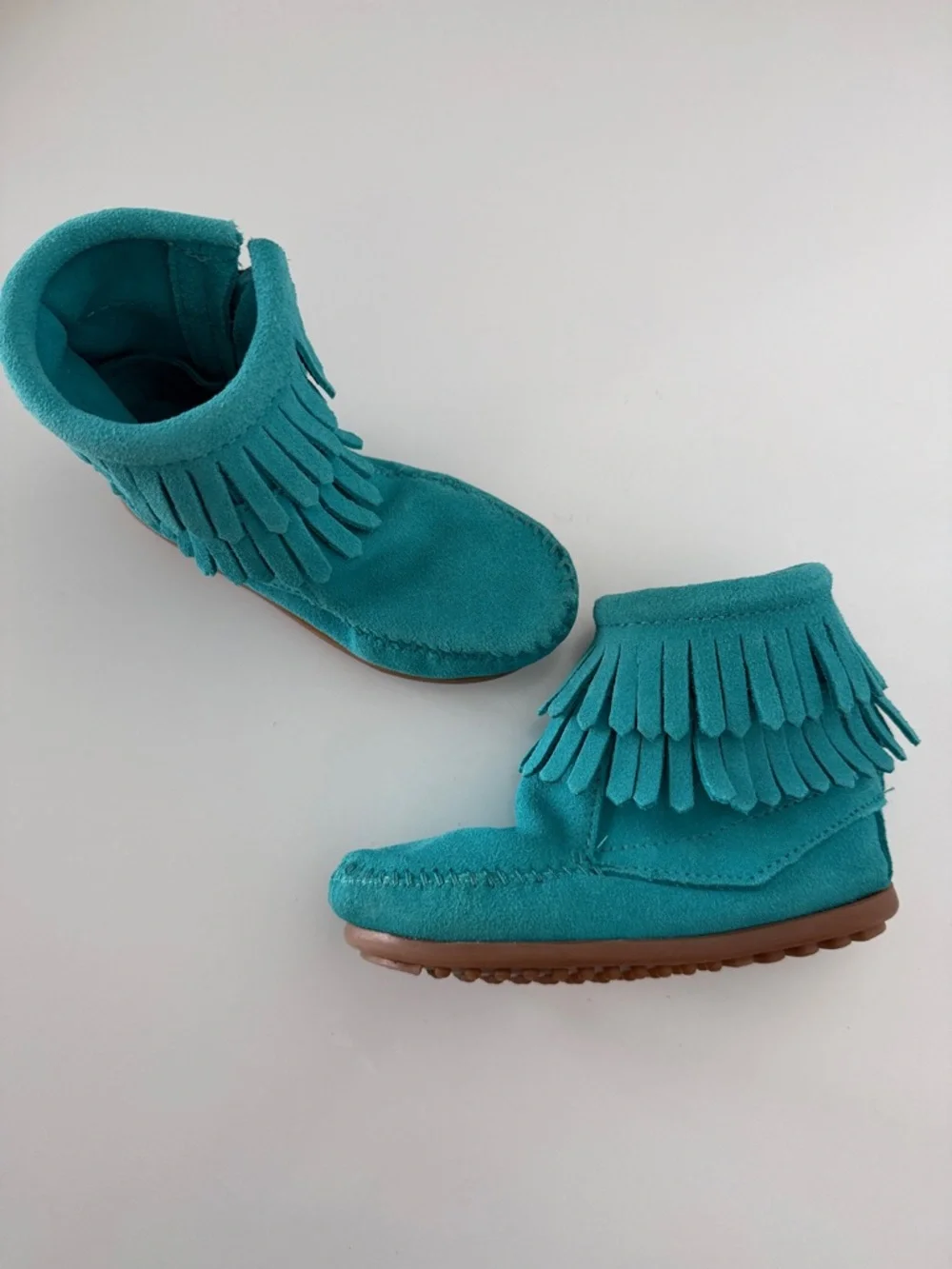 Minnetonka Double Fringe Side Zip Moccasin Boots for Kids Size 9